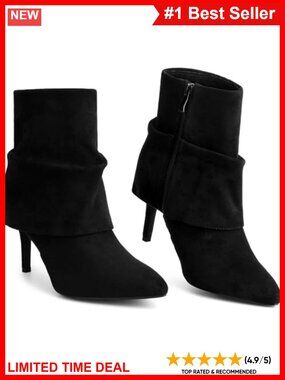 Pointed Toe Fold Over Stiletto Heel Slouch Ankle Boots Faux Suede